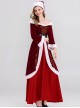 Original Christmas Series Halloween Cosplay Red Retro Elegant Court Style Velvet Maxi Dress Costume Hat Belt Set