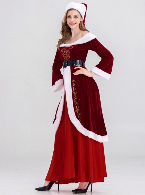 Original Christmas Series Halloween Cosplay Red Retro Elegant Court Style Velvet Maxi Dress Costume Hat Belt Set