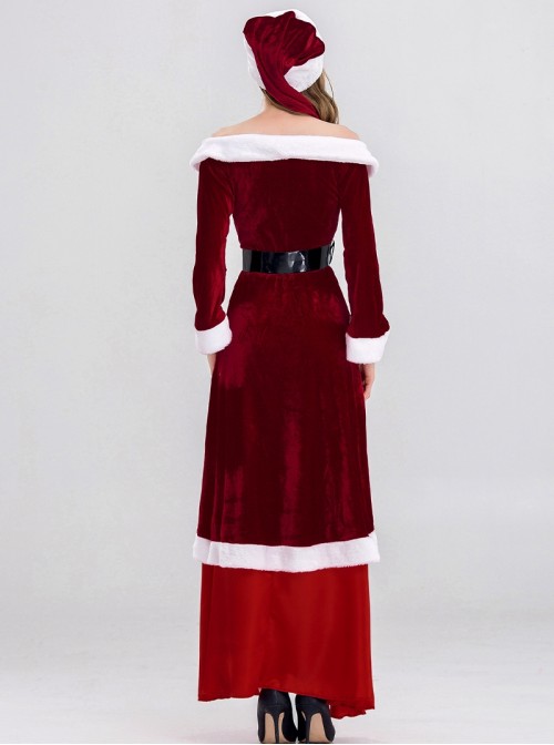 Original Christmas Series Halloween Cosplay Red Retro Elegant Court Style Velvet Maxi Dress Costume Hat Belt Set