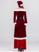 Original Christmas Series Halloween Cosplay Red Retro Elegant Court Style Velvet Maxi Dress Costume Hat Belt Set