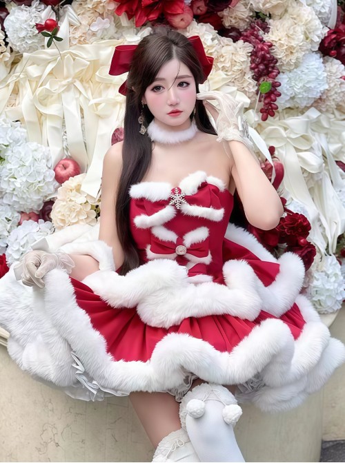Holiday Princess Series Christmas Cute Red Velvet White Plush Bowknot Snowflake Diamond Decorated Multi-Layer Hem Sweet Lolita Sleeveless Dress