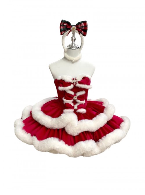 Holiday Princess Series Christmas Cute Red Velvet White Plush Bowknot Snowflake Diamond Decorated Multi-Layer Hem Sweet Lolita Sleeveless Dress