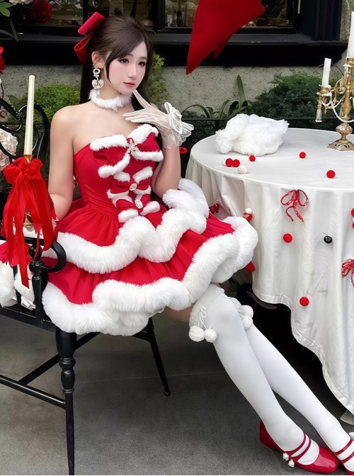 Holiday Princess Series Christmas Cute Red Velvet White Plush Bowknot Snowflake Diamond Decorated Multi-Layer Hem Sweet Lolita Sleeveless Dress