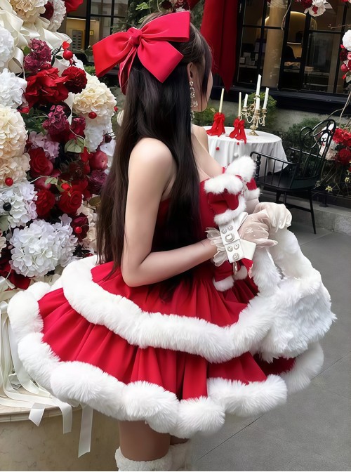 Holiday Princess Series Christmas Cute Red Velvet White Plush Bowknot Snowflake Diamond Decorated Multi-Layer Hem Sweet Lolita Sleeveless Dress