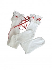Gentle Cute Ballet Style Exquisite White Lace Ruffles Red Ribbon Bowknot Sweet Lolita Calf Socks