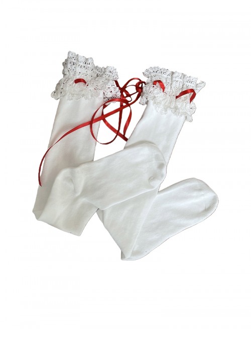 Gentle Cute Ballet Style Exquisite White Lace Ruffles Red Ribbon Bowknot Sweet Lolita Calf Socks