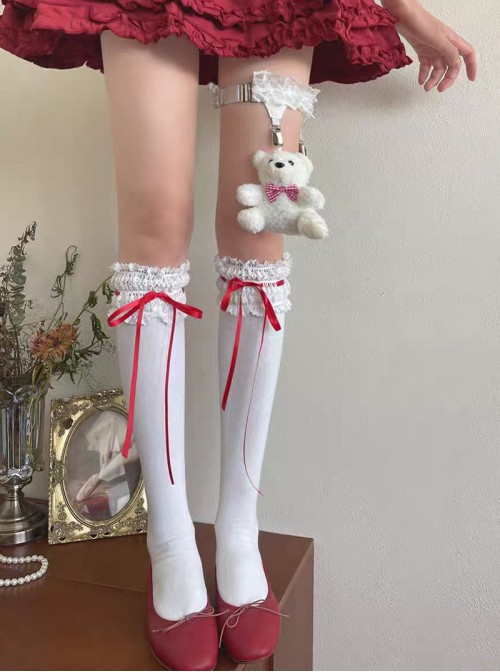 Gentle Cute Ballet Style Exquisite White Lace Ruffles Red Ribbon Bowknot Sweet Lolita Calf Socks