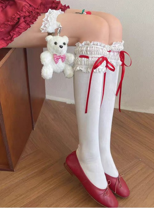 Gentle Cute Ballet Style Exquisite White Lace Ruffles Red Ribbon Bowknot Sweet Lolita Calf Socks