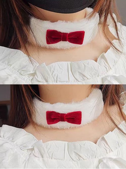 Cute Christmas Red Velvet Bowknot Decoration White Plush Ribbon Kawaii Fashion Necklace Choker