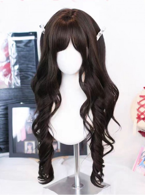 Vintage Daily Japanese Style Dark Brown Natural Blunt Bangs Sweet Lolita Long Curly Wig