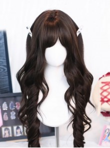 Vintage Daily Japanese Style Dark Brown Natural Blunt Bangs Sweet Lolita Long Curly Wig