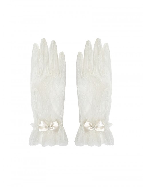 Exquisite Elegant Apricot Satin Pearl Bowknot Decoration Sweet Lolita Lace Gloves