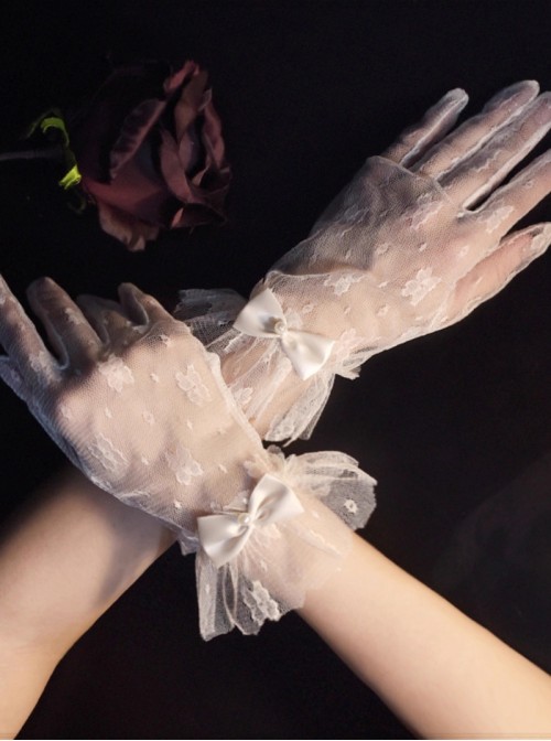 Exquisite Elegant Apricot Satin Pearl Bowknot Decoration Sweet Lolita Lace Gloves