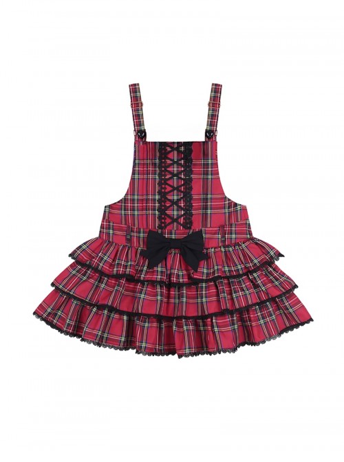 Christmas Velvet Cake Series Red Plaid Christmas Black Bowknot Crisscross Lace Up Design Ruffled Hem Sweet Lolita Sleeveless Dress