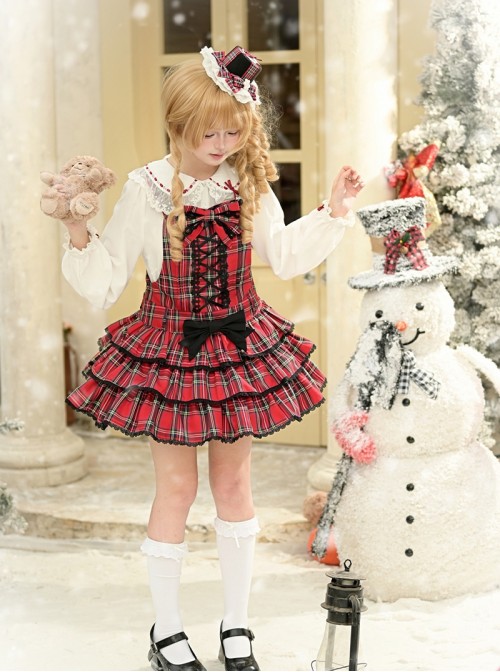 Christmas Velvet Cake Series Red Plaid Christmas Black Bowknot Crisscross Lace Up Design Ruffled Hem Sweet Lolita Sleeveless Dress