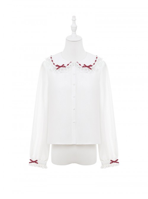 Christmas Velvet Cake Series Cute White Round Neck Red Bowknot Decoration Lace Trim Sweet Lolita Long Sleeve Shirt