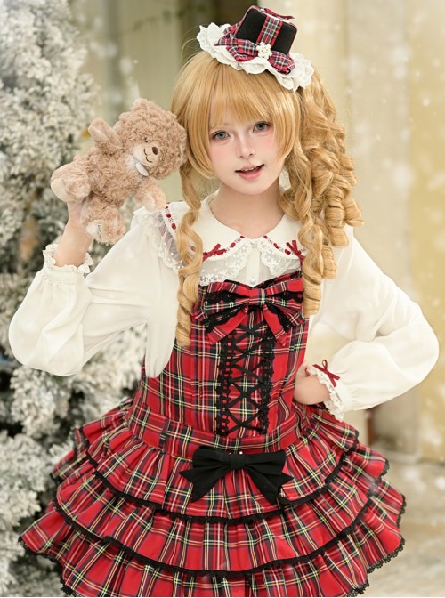 Christmas Velvet Cake Series Cute White Round Neck Red Bowknot Decoration Lace Trim Sweet Lolita Long Sleeve Shirt