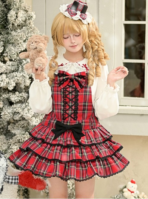 Christmas Velvet Cake Series Cute White Round Neck Red Bowknot Decoration Lace Trim Sweet Lolita Long Sleeve Shirt