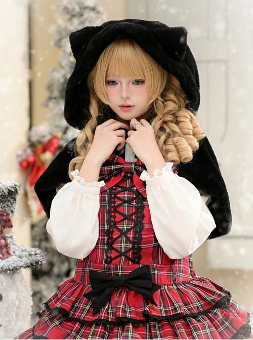 Christmas Velvet Cake Series Cute Black Cat Ear Design Warm Hooded Style Ribbon Decoration Sweet Lolita Short Cape
