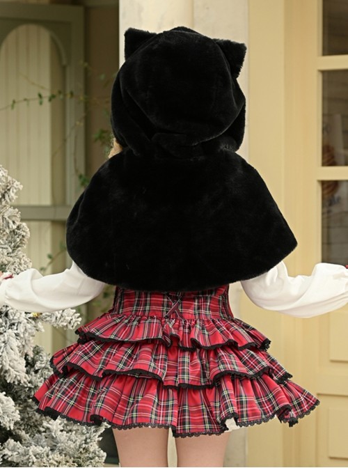 Christmas Velvet Cake Series Cute Black Cat Ear Design Warm Hooded Style Ribbon Decoration Sweet Lolita Short Cape