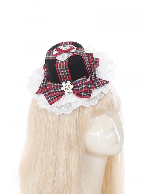 Christmas Festive Exquisite Black Red Plaid Lace Trim Heart Bowknot Snowflake Decoration Sweet Lolita Mini Top Hat