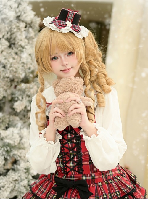 Christmas Festive Exquisite Black Red Plaid Lace Trim Heart Bowknot Snowflake Decoration Sweet Lolita Mini Top Hat