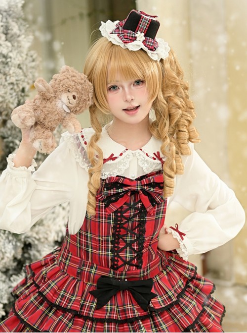 Christmas Festive Exquisite Black Red Plaid Lace Trim Heart Bowknot Snowflake Decoration Sweet Lolita Mini Top Hat
