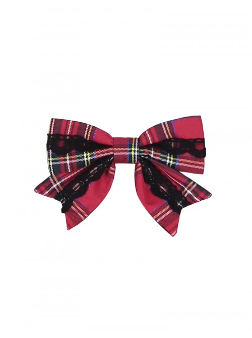 Exquisite Vintage Christmas Red Plaid Black Lace Decoration Sweet Lolita Bowknot Brooch