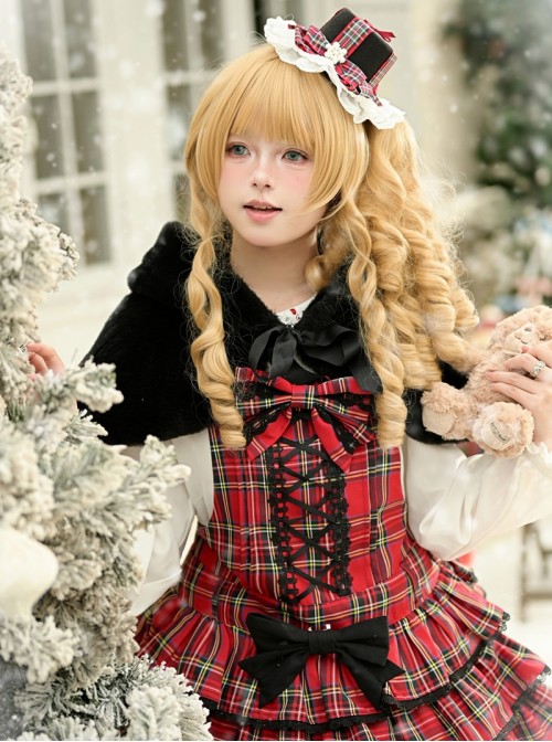 Exquisite Vintage Christmas Red Plaid Black Lace Decoration Sweet Lolita Bowknot Brooch