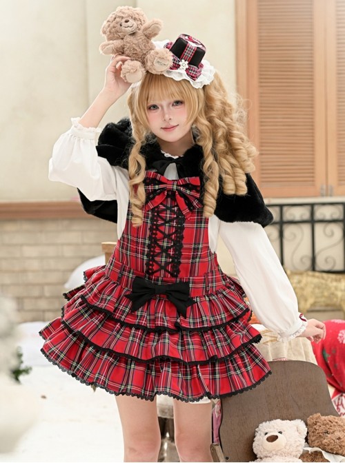 Exquisite Vintage Christmas Red Plaid Black Lace Decoration Sweet Lolita Bowknot Brooch