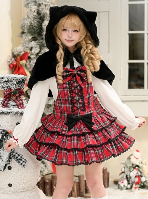 Exquisite Vintage Christmas Red Plaid Black Lace Decoration Sweet Lolita Bowknot Brooch