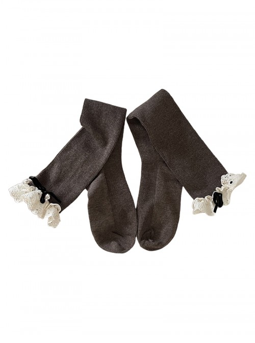 Versatile Maillard Embroidery Lace Plush Bowknot Ballet Style Sweet Lolita Mid Calf Socks