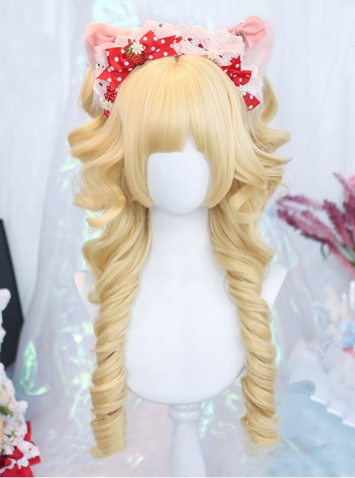 Exquisite Cute Light Golden Fluffy Daily Bangs Long Roman Tiger Mouth Clip Ponytail Sweet Lolita Full Head Curly Wig