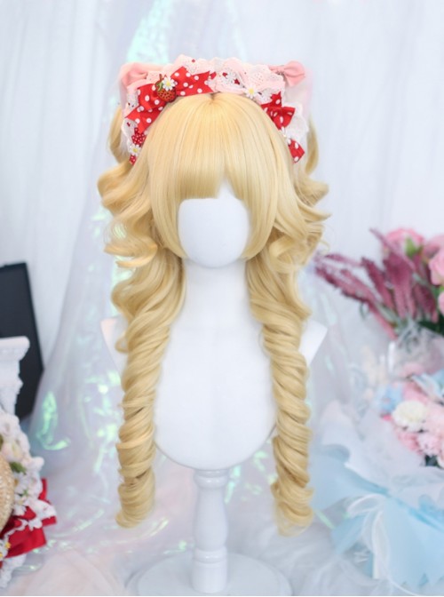 Exquisite Cute Light Golden Fluffy Daily Bangs Long Roman Tiger Mouth Clip Ponytail Sweet Lolita Full Head Curly Wig