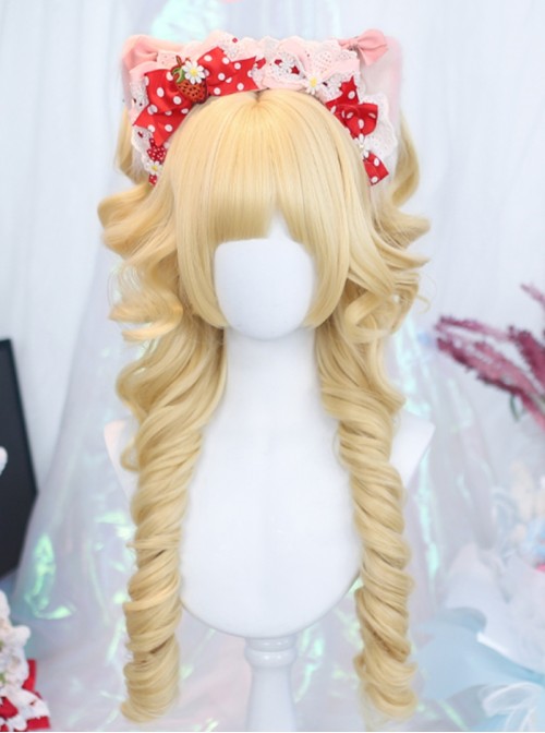 Exquisite Cute Light Golden Fluffy Daily Bangs Long Roman Tiger Mouth Clip Ponytail Sweet Lolita Full Head Curly Wig