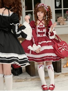 Antique Porcelain Doll Series Elegant Retro Christmas Neckline Cross Tie Bowknot Lace Trim Sweet Lolita Patchwork Long Sleeve Dress