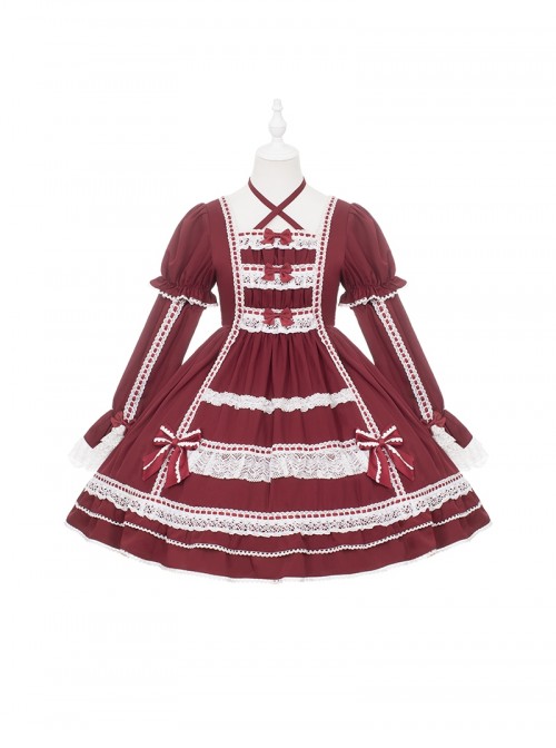 Antique Porcelain Doll Series Elegant Retro Christmas Neckline Cross Tie Bowknot Lace Trim Sweet Lolita Patchwork Long Sleeve Dress