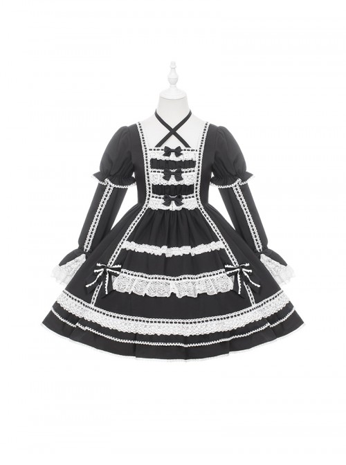 Antique Porcelain Doll Series Elegant Retro Christmas Neckline Cross Tie Bowknot Lace Trim Sweet Lolita Patchwork Long Sleeve Dress