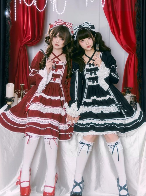 Antique Porcelain Doll Series Elegant Retro Christmas Neckline Cross Tie Bowknot Lace Trim Sweet Lolita Patchwork Long Sleeve Dress