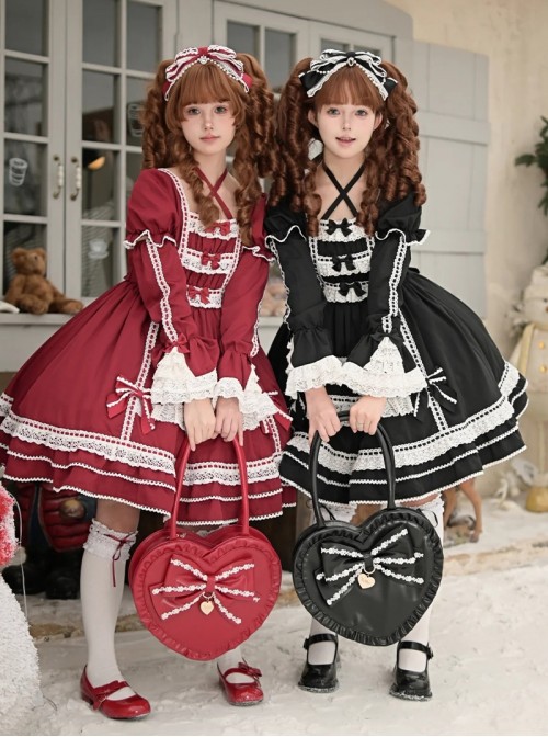 Antique Porcelain Doll Series Elegant Retro Christmas Neckline Cross Tie Bowknot Lace Trim Sweet Lolita Patchwork Long Sleeve Dress