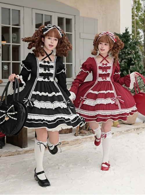 Antique Porcelain Doll Series Elegant Retro Christmas Neckline Cross Tie Bowknot Lace Trim Sweet Lolita Patchwork Long Sleeve Dress