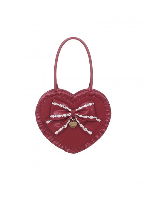 Delicate Heart Shape Cute Bowknot Lace Decoration Heart Shape Metal Charm Design Sweet Lolita Handbag