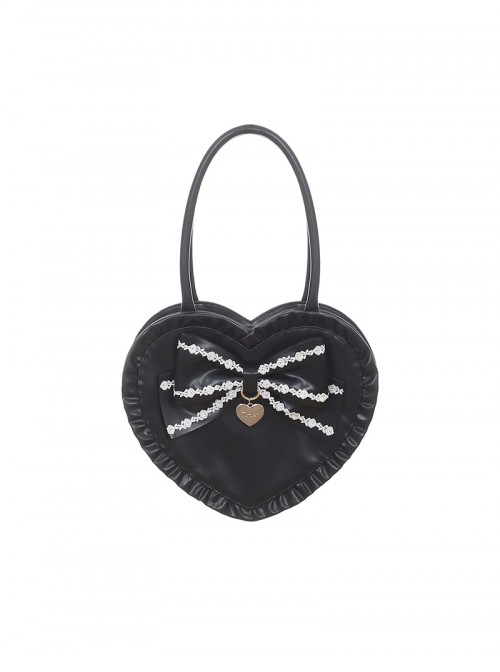 Delicate Heart Shape Cute Bowknot Lace Decoration Heart Shape Metal Charm Design Sweet Lolita Handbag