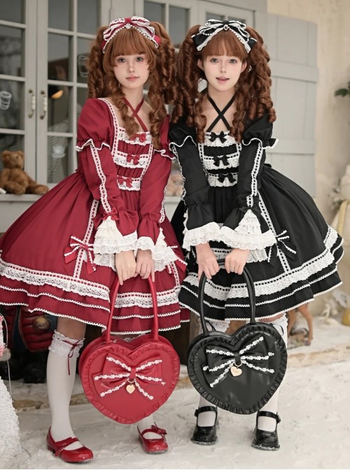 Delicate Heart Shape Cute Bowknot Lace Decoration Heart Shape Metal Charm Design Sweet Lolita Handbag