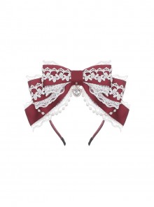 Exquisite Lace Red Heart Shape Rhinestone Pendant Retro Elegance Pearl Strands Multi-Layered Large Bowknot Ribbon Christmas Sweet Lolita Headband