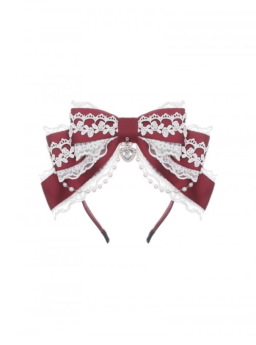 Exquisite Lace Red Heart Shape Rhinestone Pendant Retro Elegance Pearl Strands Multi-Layered Large Bowknot Ribbon Christmas Sweet Lolita Headband