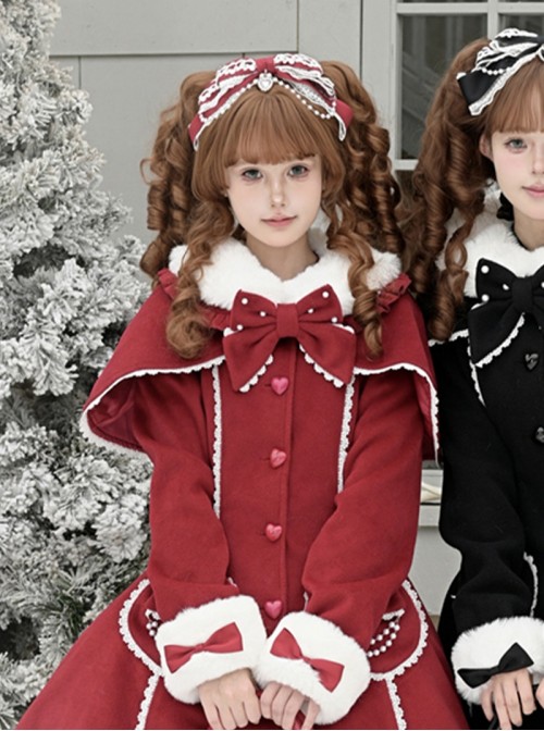 Exquisite Lace Red Heart Shape Rhinestone Pendant Retro Elegance Pearl Strands Multi-Layered Large Bowknot Ribbon Christmas Sweet Lolita Headband