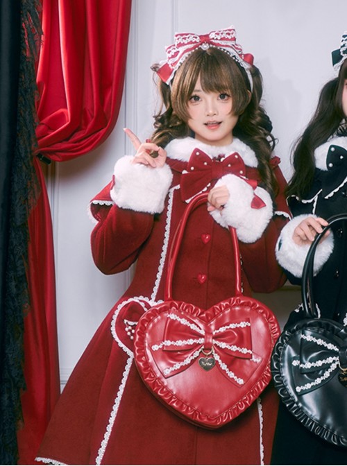 Exquisite Lace Red Heart Shape Rhinestone Pendant Retro Elegance Pearl Strands Multi-Layered Large Bowknot Ribbon Christmas Sweet Lolita Headband