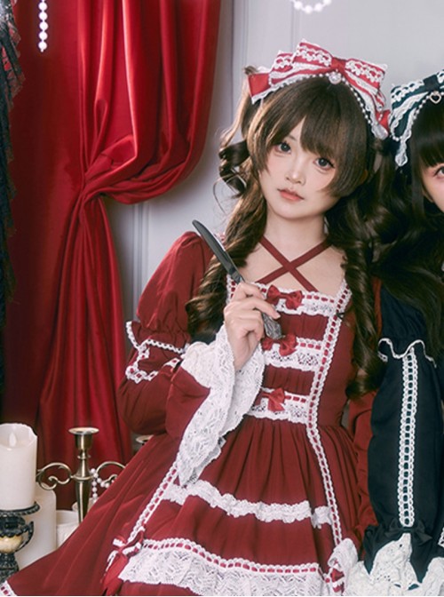 Exquisite Lace Red Heart Shape Rhinestone Pendant Retro Elegance Pearl Strands Multi-Layered Large Bowknot Ribbon Christmas Sweet Lolita Headband