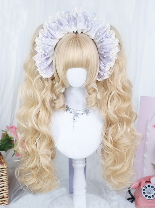 Dreamy Series Light Golden Bangs Cute Roman Curl Double Ponytail Sweet Lolita Long Curly Wig